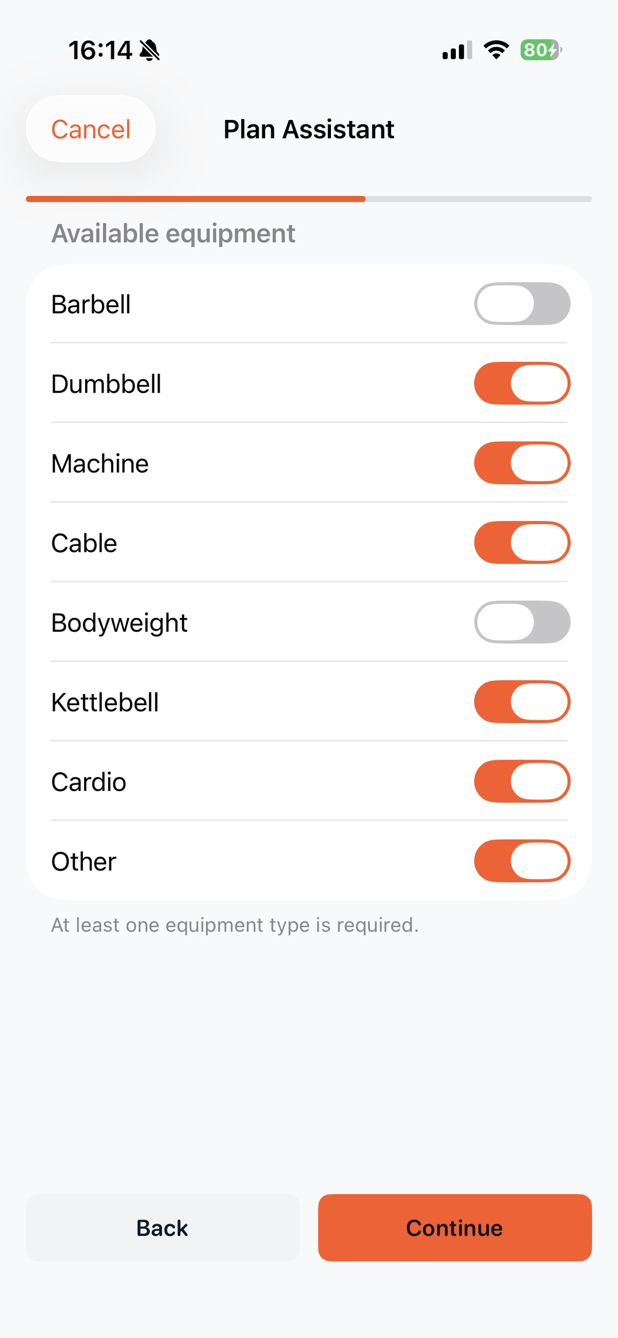 Choose available equipment for the plan