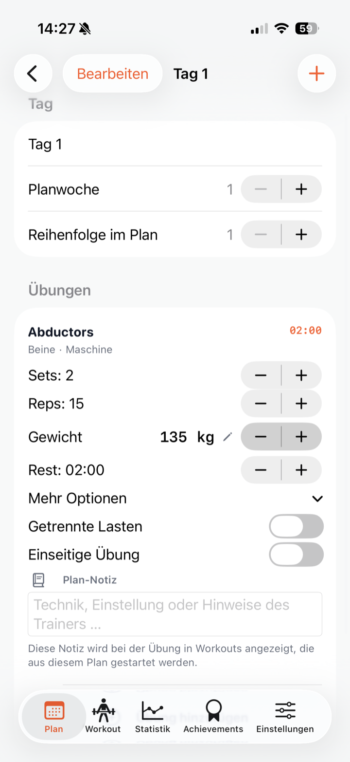 Übungsdetails in einem Trainingstag bearbeiten