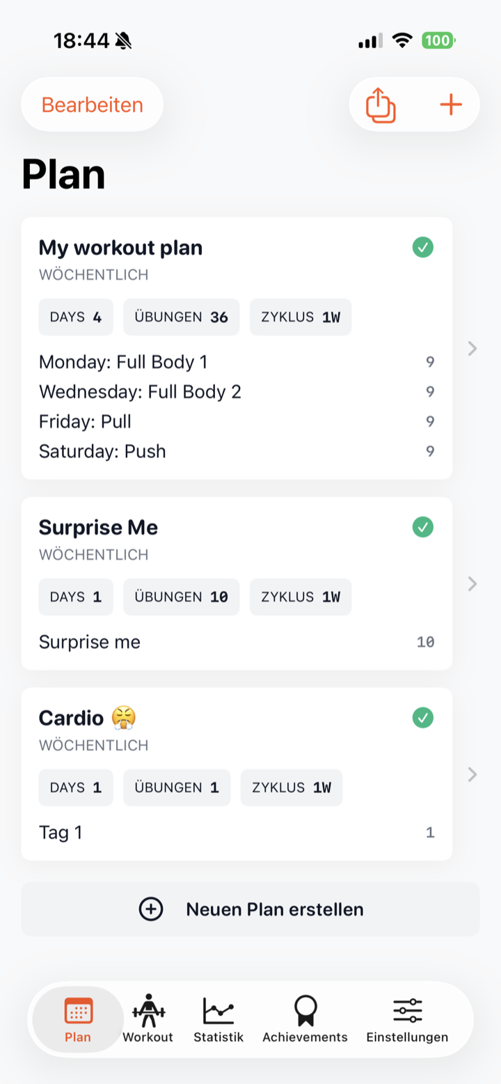 Planübersicht mit Button Neuen Plan erstellen
