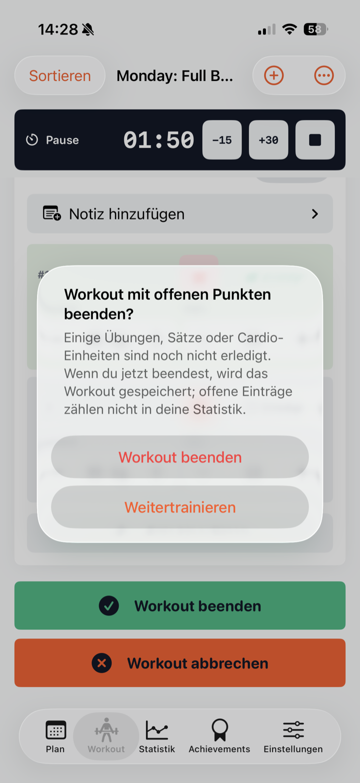Warnung beim Beenden mit offenen Punkten