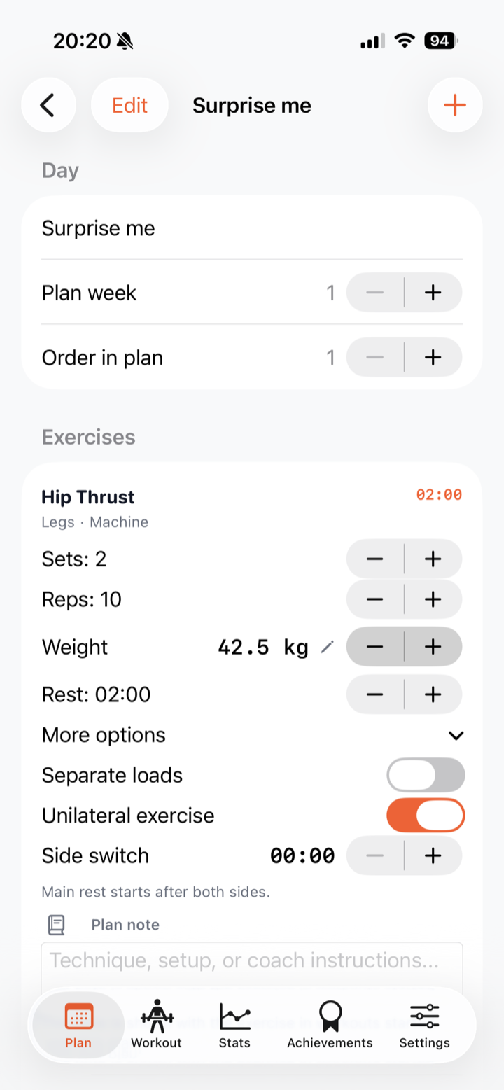 Exercise details in a training day