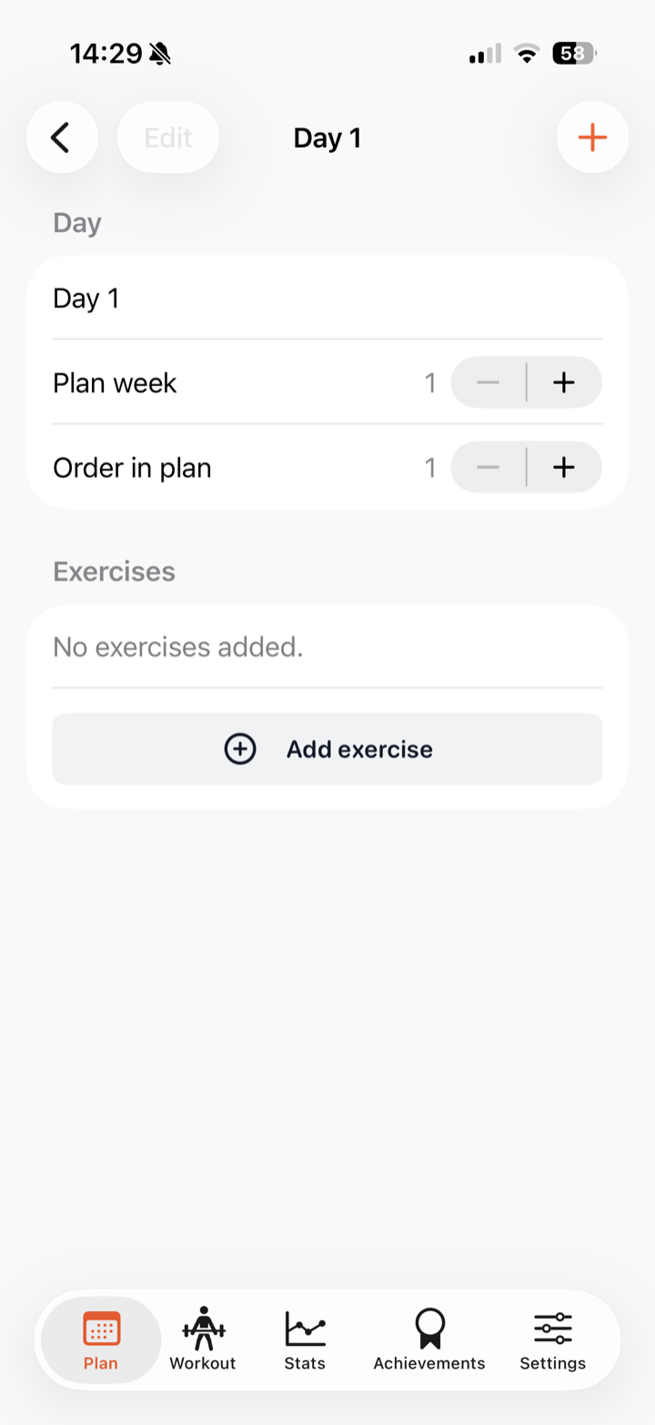 Empty training day with Add exercise button