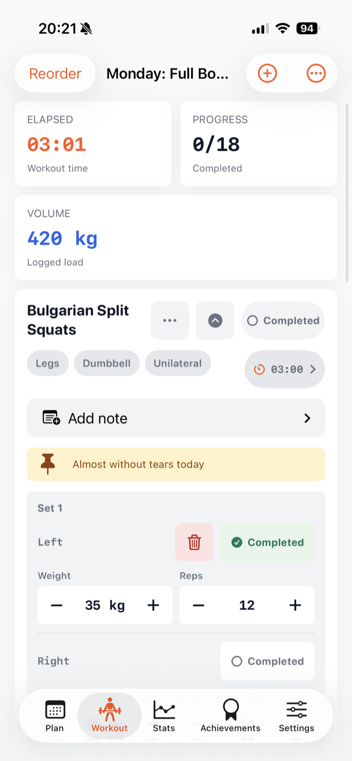 Active workout with sets