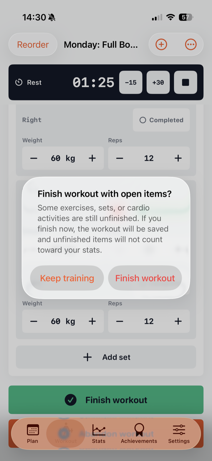 Warning before finishing with open items