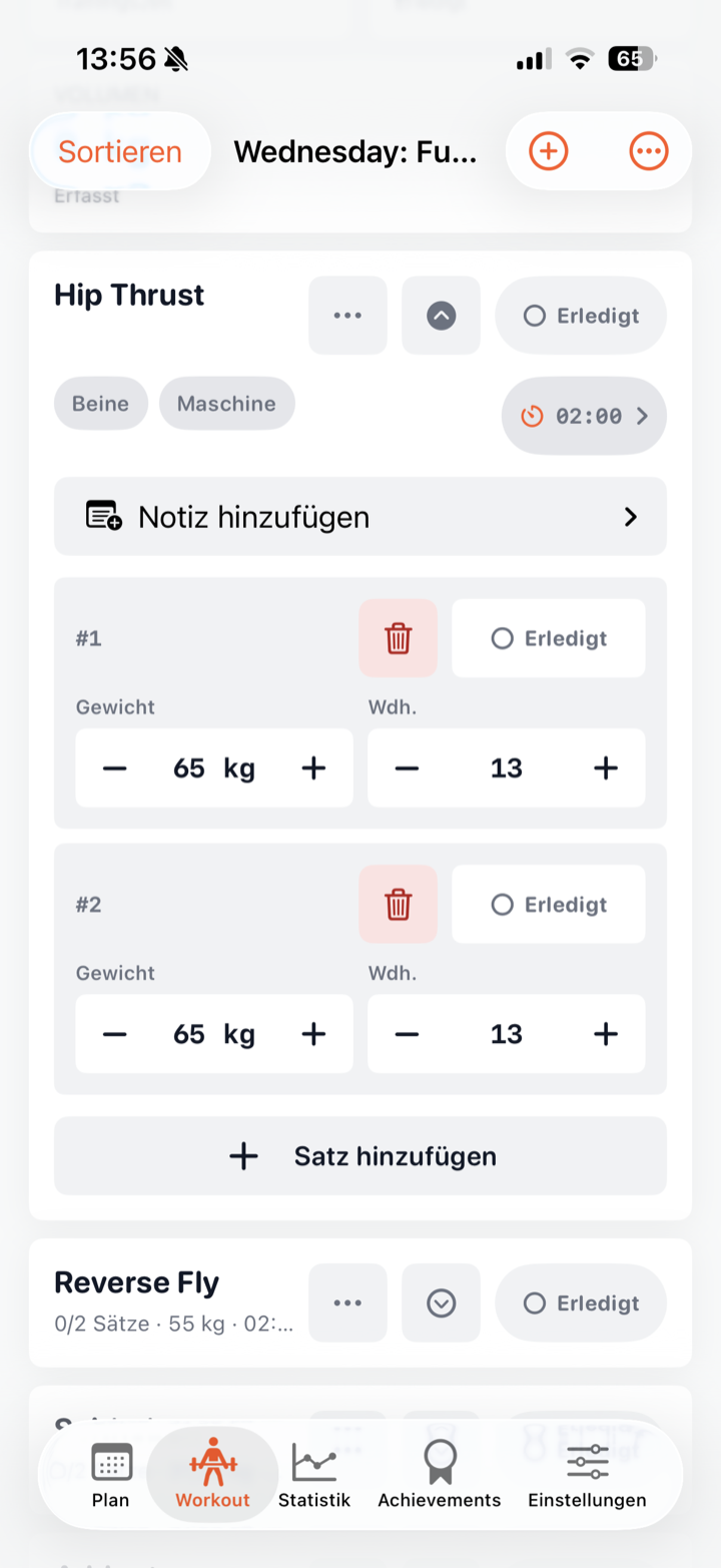 Notiz direkt bei einer Übung im laufenden Workout hinzufügen