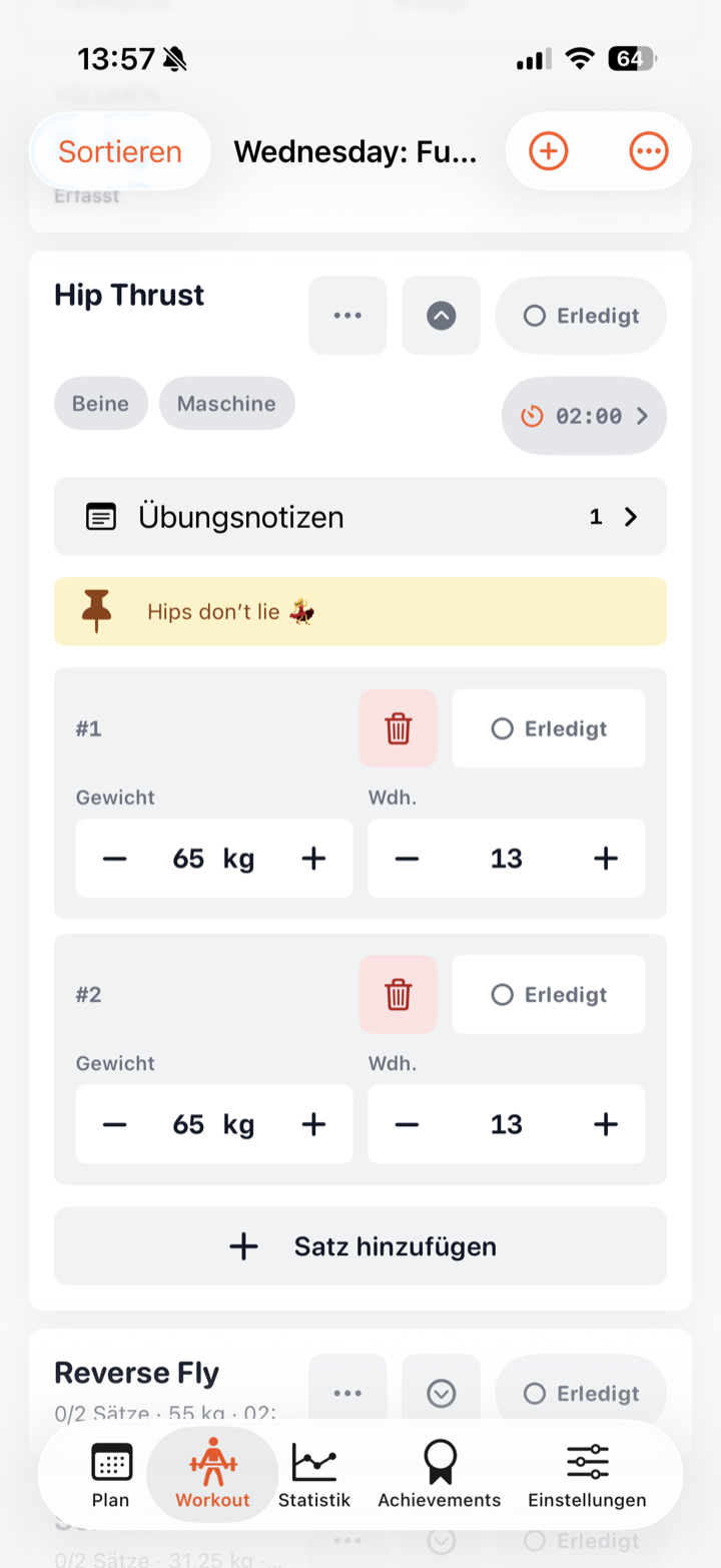 Angepinnte Übungsnotiz im nächsten Workout