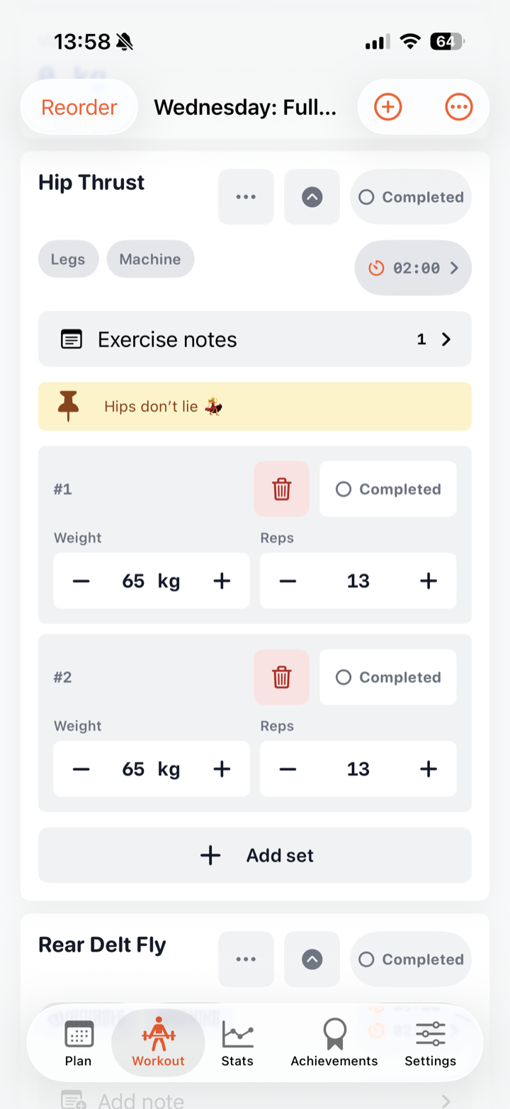 Pinned exercise note shown in a later workout